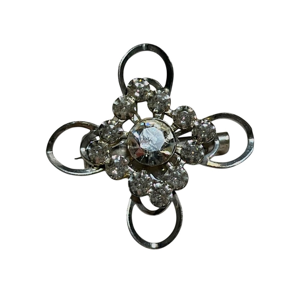 Vintage Clear Rhinestone Floral Brooch Silver Tone Mid Century Small Pin